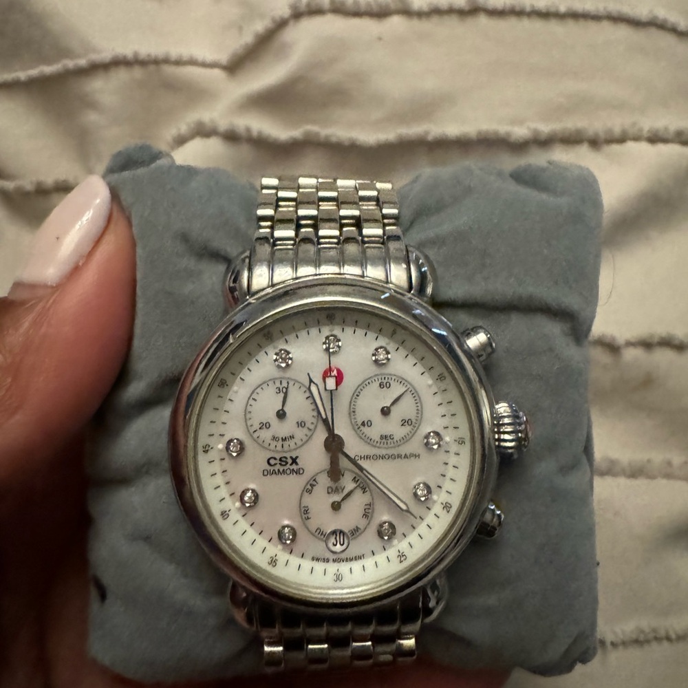 Michele Silver and White Chronograph Watch